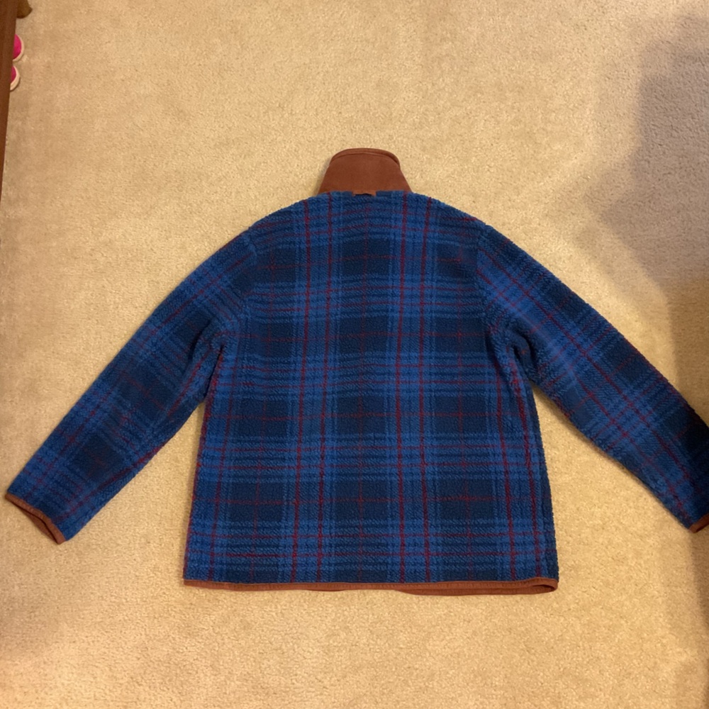 Orvis Blue Burgundy Plaid & Brown Trim Toggle 5 Button Down Fleece Jacket Blazer - Picture 2 of 15